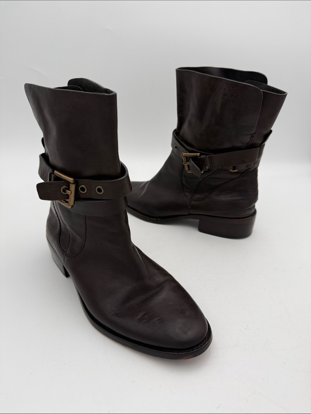 Coach Dark Brown Leather Moto Ankle Boots Buckle Strap women 8B Y2K goth retro